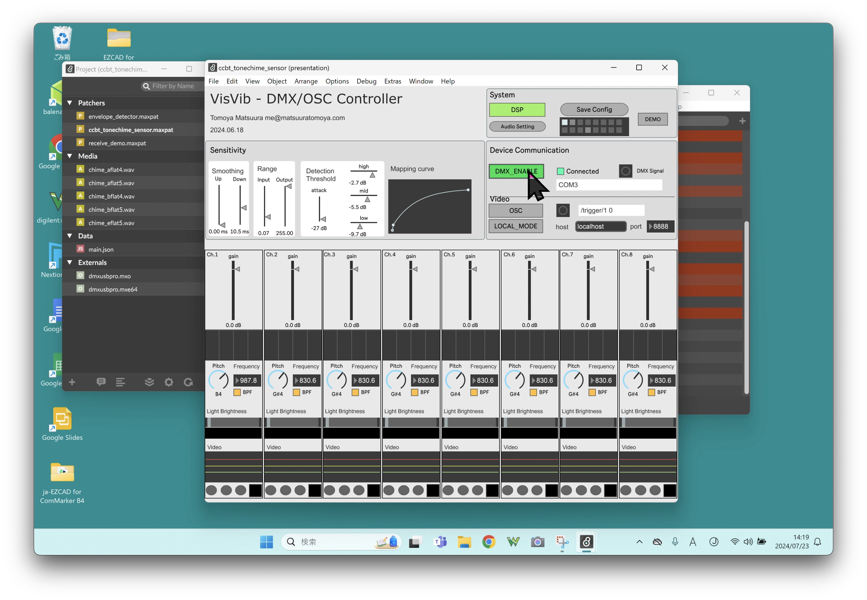 Screenshot of the audio and lighting application, with the cursor over the button DMX_ENABLE, which is green. The indicator to the right of it is also lit green, and “Connected” is shown on the right side. The device name “COM3” appears slightly below it.